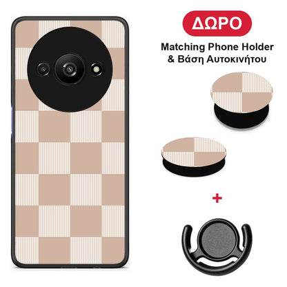 Latte and Cream Striped Checks - Xiaomi Redmi A3 θήκη + Δώρο Phone Holder & Βάση Αυτοκινήτου