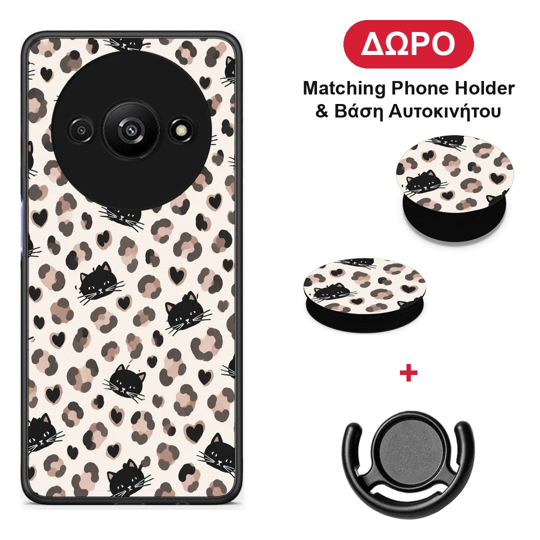 Leopard Spots and Black Cats on Cream - Xiaomi Redmi A3 θήκη + Δώρο Phone Holder & Βάση Αυτοκινήτου