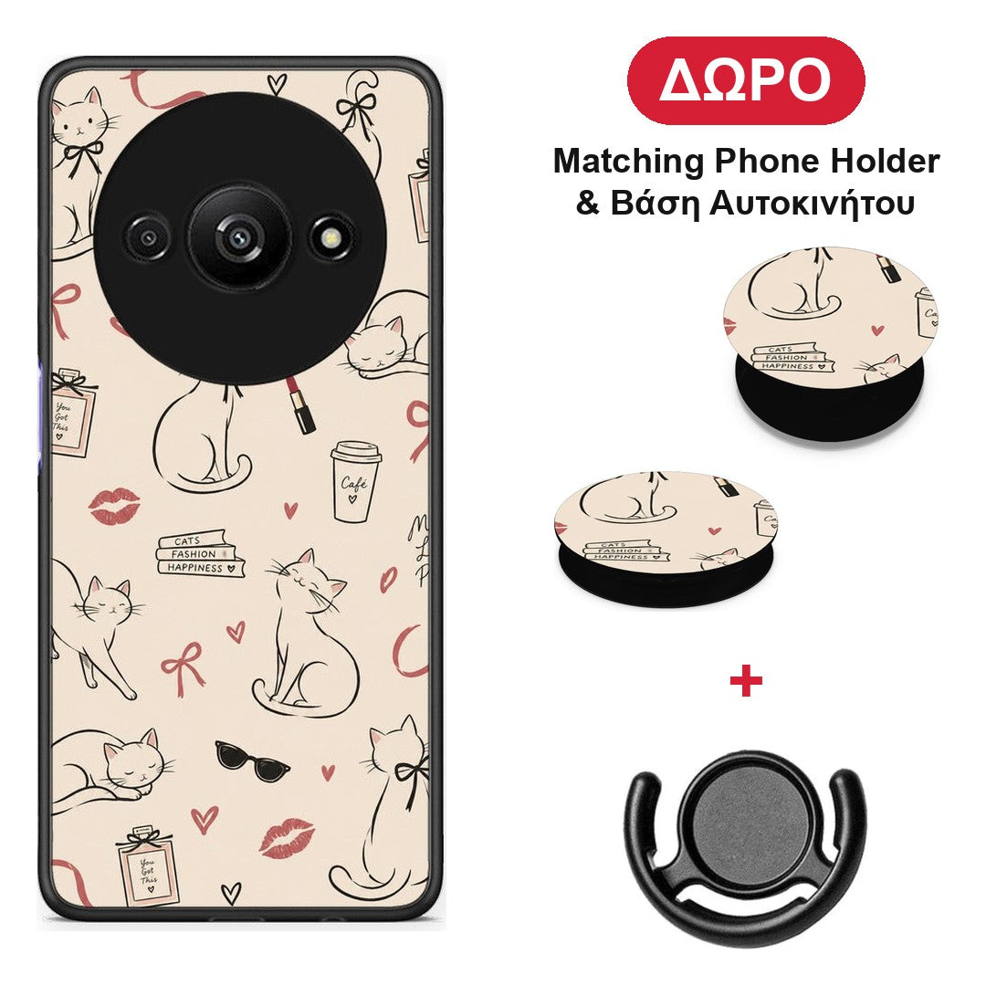 Minimal Cat and Fashion Doodles on Cream - Xiaomi Redmi A3 θήκη + Δώρο Phone Holder & Βάση Αυτοκινήτου