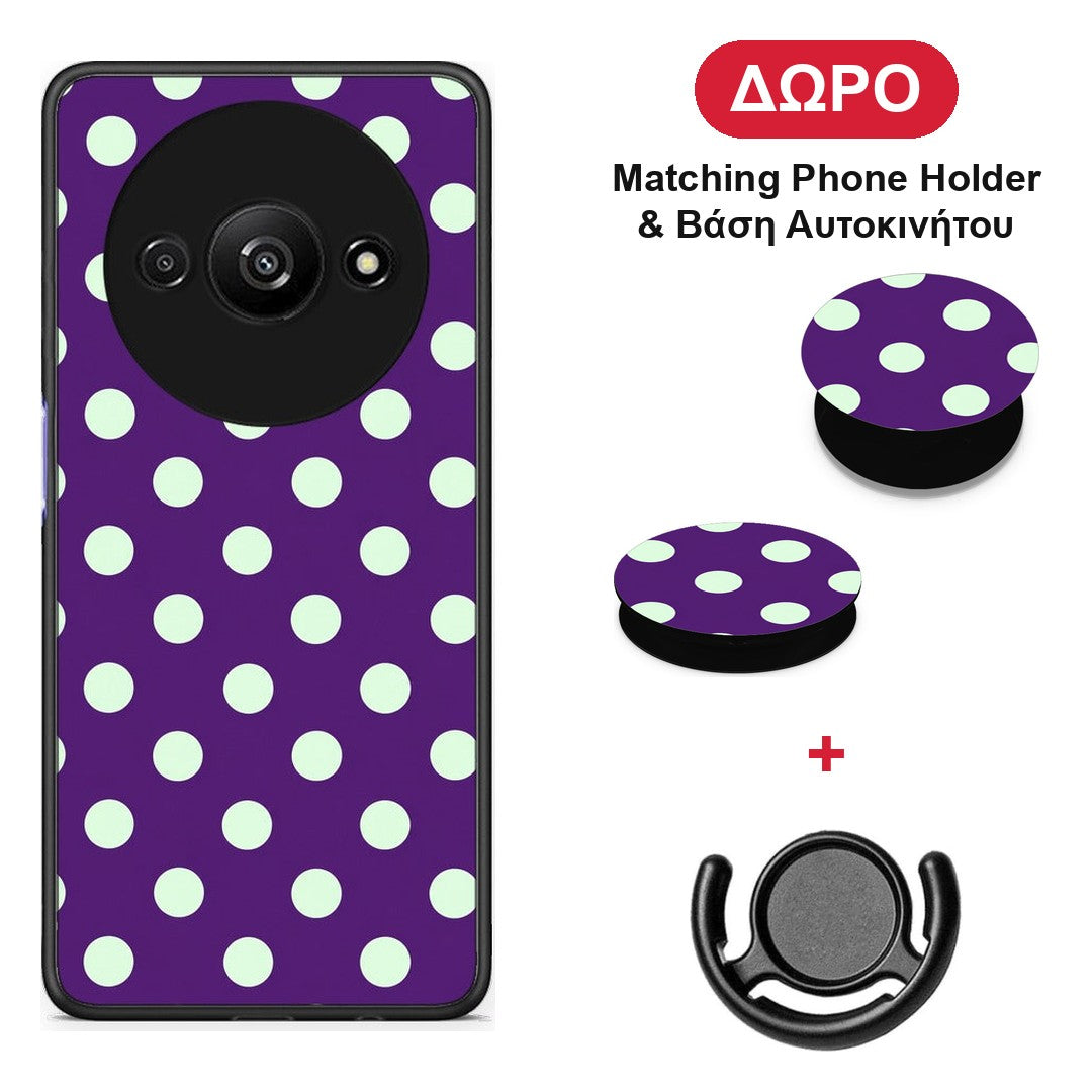Mint Polka Dots on Purple - Xiaomi Redmi A3 θήκη + Δώρο Phone Holder & Βάση Αυτοκινήτου