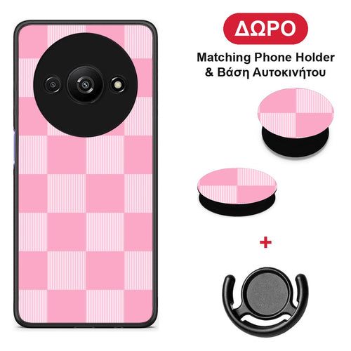 Pink and White Striped Checks - Xiaomi Redmi A3 θήκη + Δώρο Phone Holder & Βάση Αυτοκινήτου