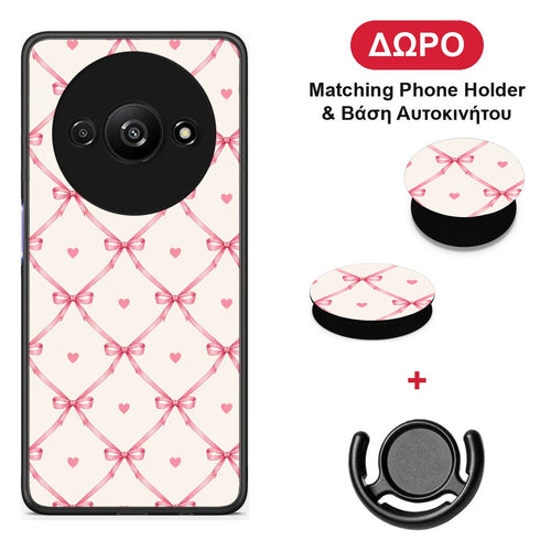 Pink Bow Lattice and Hearts on Cream - Xiaomi Redmi A3 θήκη + Δώρο Phone Holder & Βάση Αυτοκινήτου