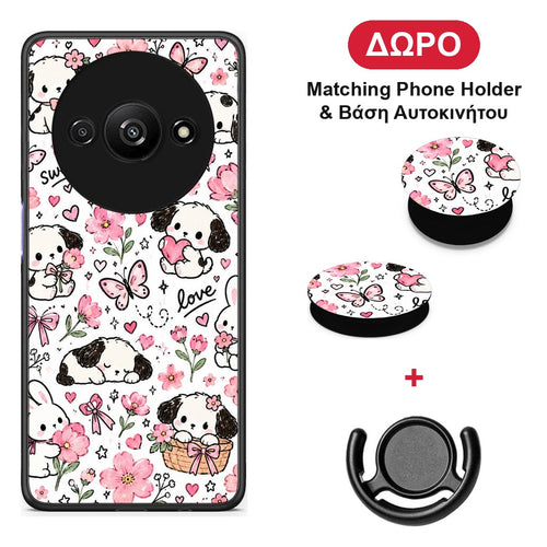 Pink Florals Puppies and Bunnies on White - Xiaomi Redmi A3 θήκη + Δώρο Phone Holder & Βάση Αυτοκινήτου