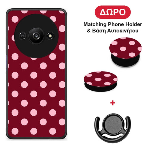 Pink Polka Dots on Burgundy - Xiaomi Redmi A3 θήκη + Δώρο Phone Holder & Βάση Αυτοκινήτου