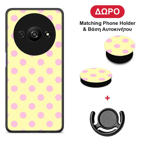 Pink Polka Dots on Yellow - Xiaomi Redmi A3 θήκη + Δώρο Phone Holder & Βάση Αυτοκινήτου