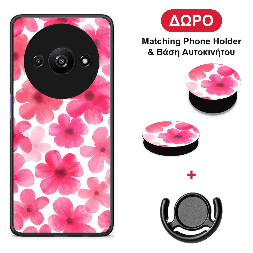 Pink Watercolour Flowers on White - Xiaomi Redmi A3 θήκη + Δώρο Phone Holder & Βάση Αυτοκινήτου