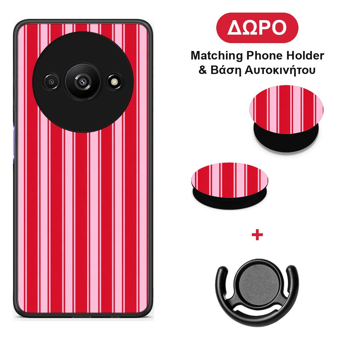 Red and Pink Vertical Pinstripes - Xiaomi Redmi A3 θήκη + Δώρο Phone Holder & Βάση Αυτοκινήτου