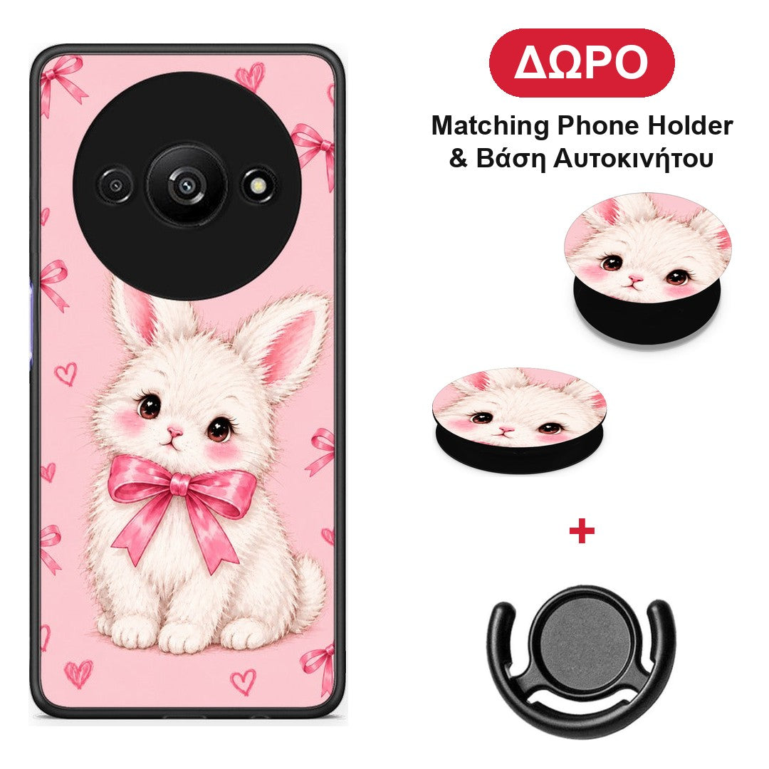 White Bunny and Pink Bows - Xiaomi Redmi A3 θήκη + Δώρο Phone Holder & Βάση Αυτοκινήτου