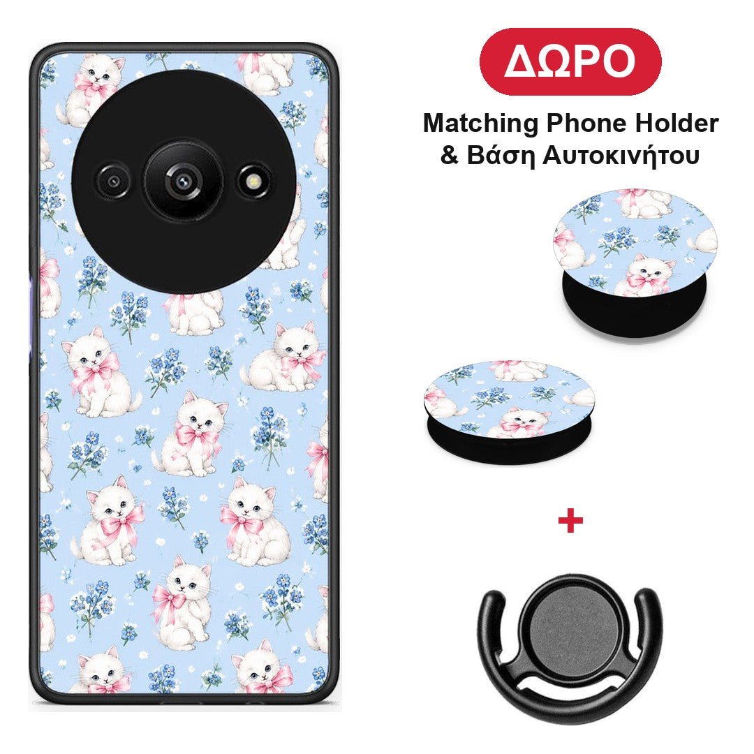 White Kittens and Blue Flowers Small - Xiaomi Redmi A3 θήκη + Δώρο Phone Holder & Βάση Αυτοκινήτου