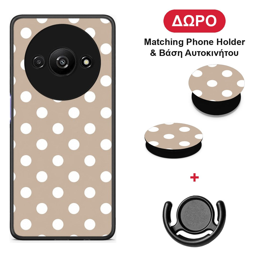 White Polka Dots on Taupe - Xiaomi Redmi A3 θήκη + Δώρο Phone Holder & Βάση Αυτοκινήτου