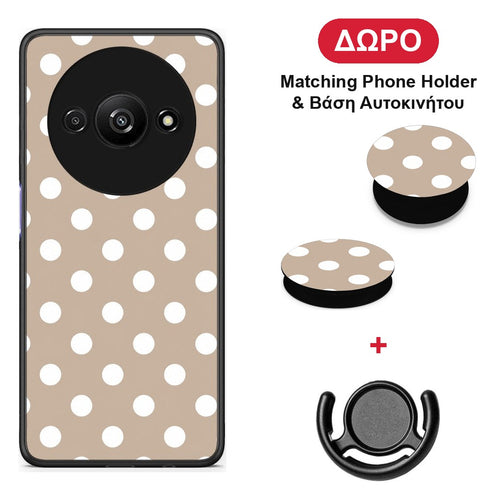 White Polka Dots on Taupe - Xiaomi Redmi A3 θήκη + Δώρο Phone Holder & Βάση Αυτοκινήτου