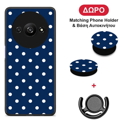 White Small Polka Dots on Navy - Xiaomi Redmi A3 θήκη + Δώρο Phone Holder & Βάση Αυτοκινήτου