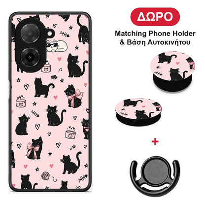 Black Cat Doodles on Pink - Xiaomi Redmi A5 θήκη + Δώρο Phone Holder & Βάση Αυτοκινήτου