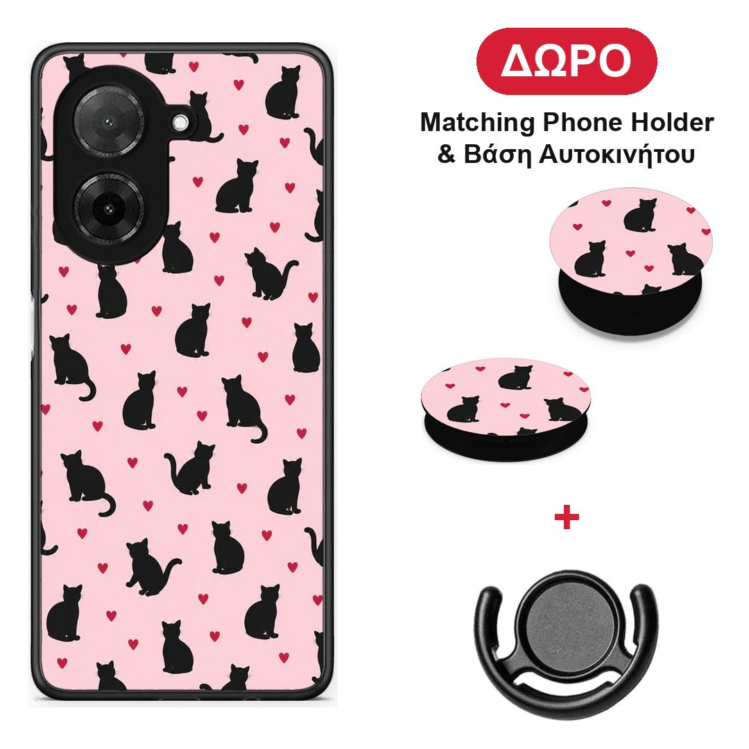 Black Cat Silhouettes and Hearts on Pink - Xiaomi Redmi A5 θήκη + Δώρο Phone Holder & Βάση Αυτοκινήτου