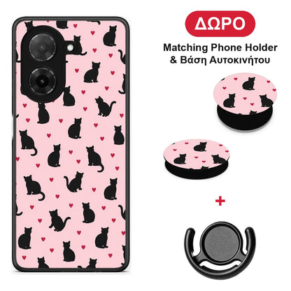 Black Cat Silhouettes and Hearts on Pink - Xiaomi Redmi A5 θήκη + Δώρο Phone Holder & Βάση Αυτοκινήτου