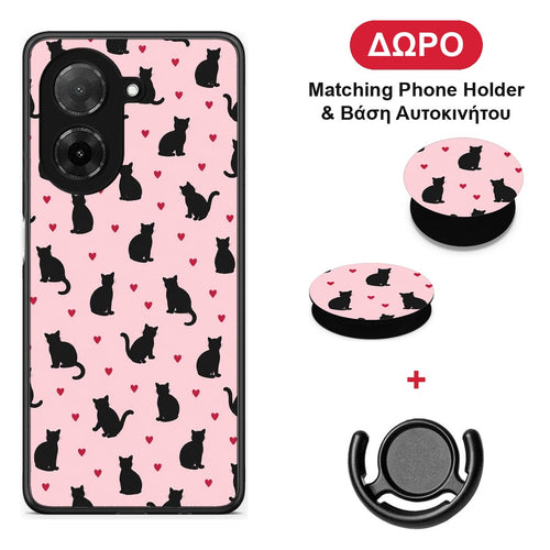 Black Cat Silhouettes and Hearts on Pink - Xiaomi Redmi A5 θήκη + Δώρο Phone Holder & Βάση Αυτοκινήτου