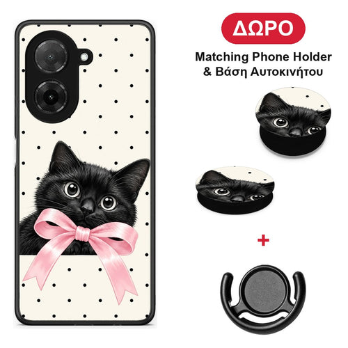 Black Kitten Pink Bow and Polka Dots - Xiaomi Redmi A5 θήκη + Δώρο Phone Holder & Βάση Αυτοκινήτου