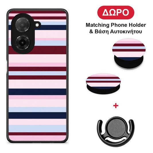 Burgundy Pink and Blue Horizontal Stripes - Xiaomi Redmi A5 θήκη + Δώρο Phone Holder & Βάση Αυτοκινήτου