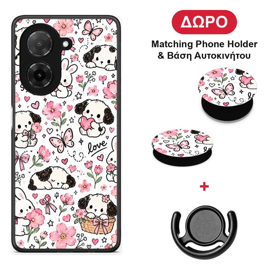 Pink Florals Puppies and Bunnies on White - Xiaomi Redmi A5 θήκη + Δώρο Phone Holder & Βάση Αυτοκινήτου