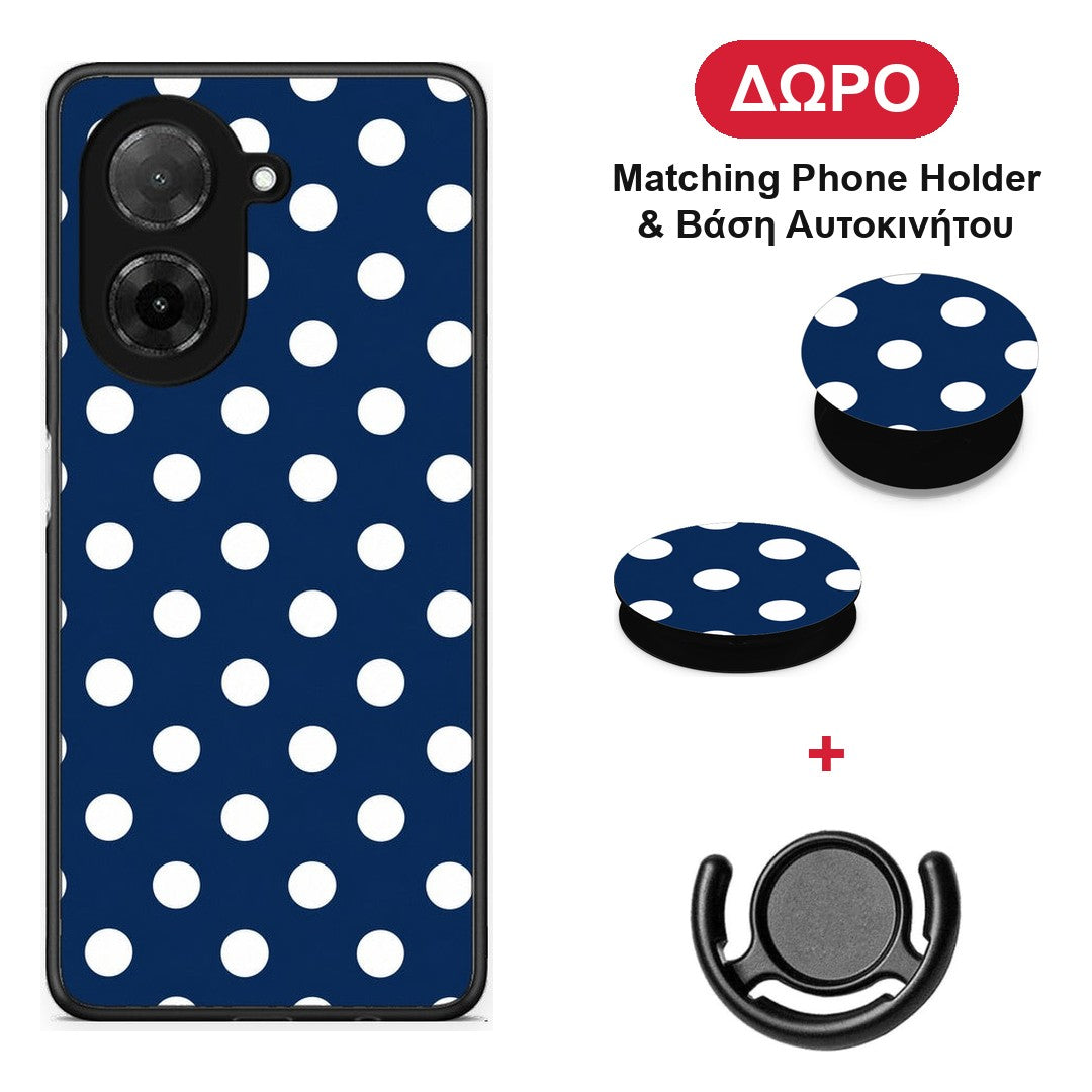 White Large Polka Dots on Navy - Xiaomi Redmi A5 θήκη + Δώρο Phone Holder & Βάση Αυτοκινήτου