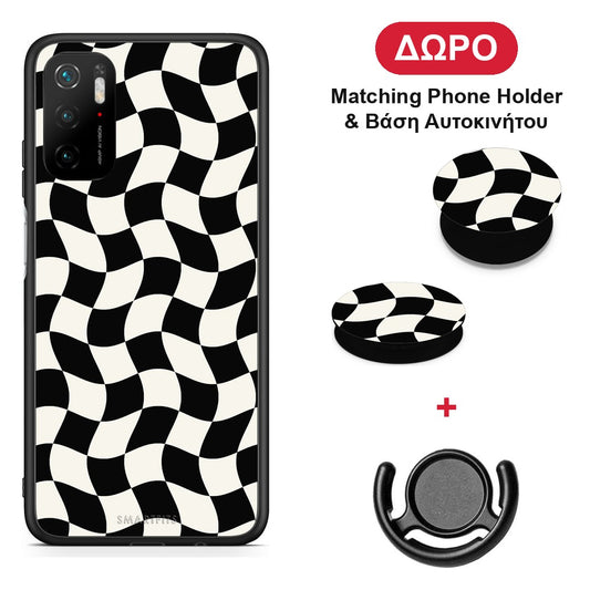 Black and Cream Wavy Checkerboard - Xiaomi Redmi Note 10 5G θήκη + Δώρο Phone Holder & Βάση Αυτοκινήτου