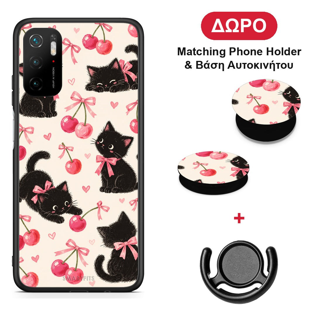 Black Kittens and Cherries on Cream - Xiaomi Redmi Note 10 5G θήκη + Δώρο Phone Holder & Βάση Αυτοκινήτου