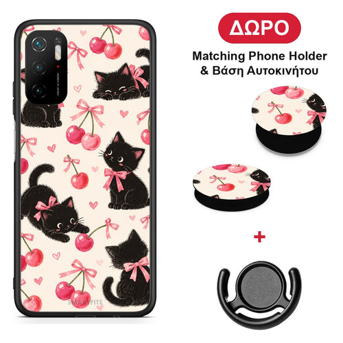 Black Kittens and Cherries on Cream - Xiaomi Redmi Note 10 5G θήκη + Δώρο Phone Holder & Βάση Αυτοκινήτου