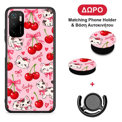 Cherries Bows and Kittens on Pink - Xiaomi Redmi Note 10 5G θήκη + Δώρο Phone Holder & Βάση Αυτοκινήτου