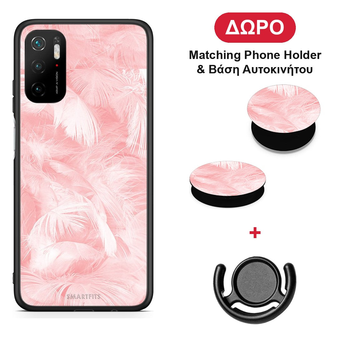 Boho Pink Feather - Xiaomi Redmi Note 10 5G θήκη + Δώρο Phone Holder & Βάση Αυτοκινήτου