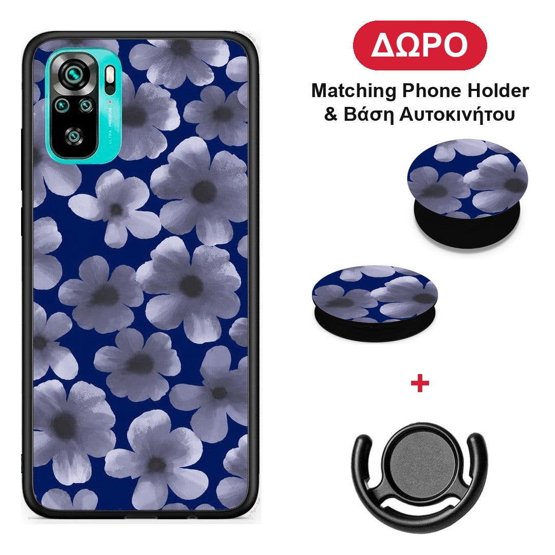 Pale Blue Flowers on Navy - Xiaomi Redmi Note 10S / 10 4G θήκη + Δώρο Phone Holder & Βάση Αυτοκινήτου