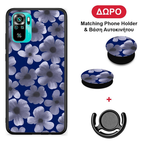 Pale Blue Flowers on Navy - Xiaomi Redmi Note 10S / 10 4G θήκη + Δώρο Phone Holder & Βάση Αυτοκινήτου