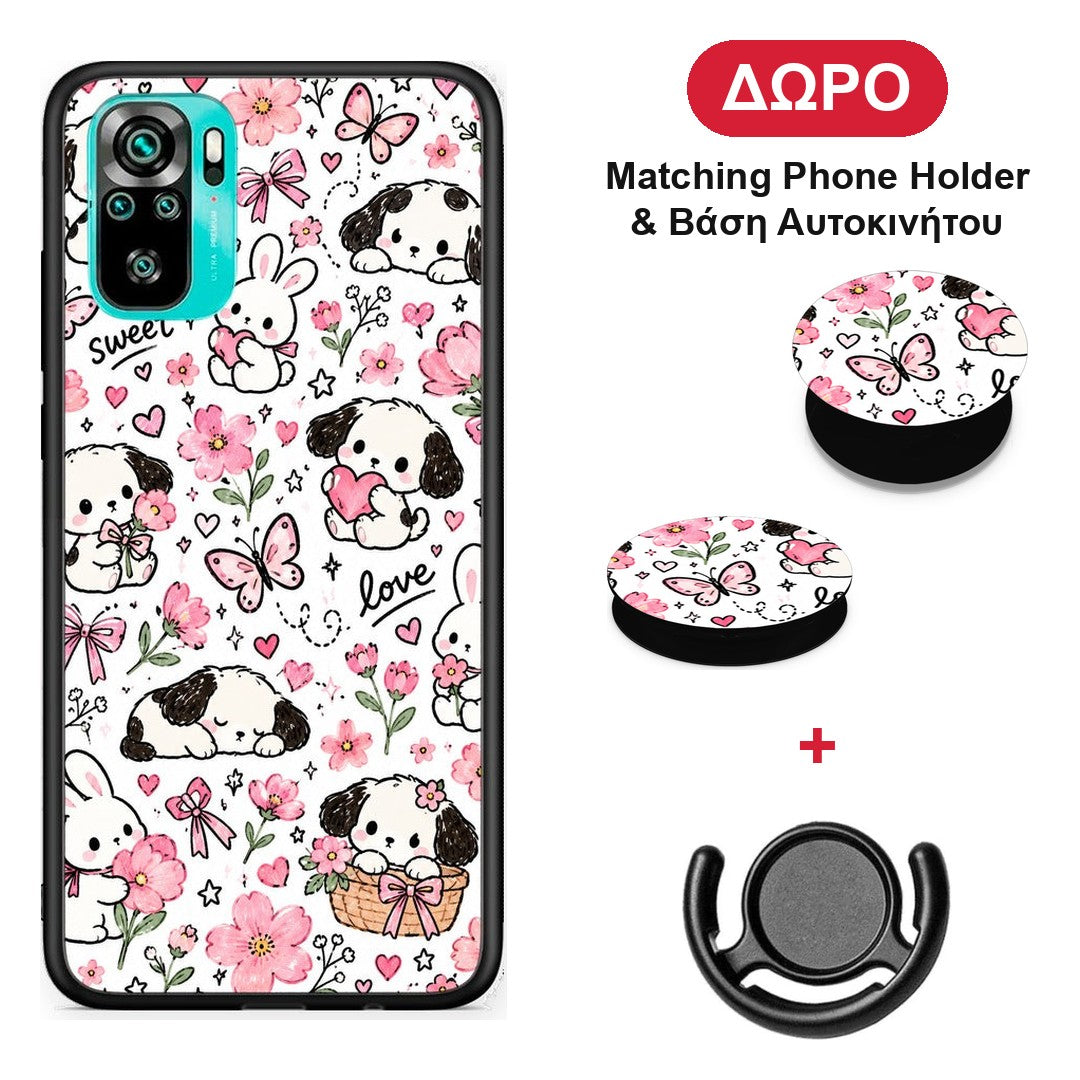 Pink Florals Puppies and Bunnies on White - Xiaomi Redmi Note 10S / 10 4G θήκη + Δώρο Phone Holder & Βάση Αυτοκινήτου