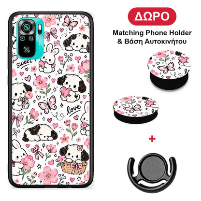 Pink Florals Puppies and Bunnies on White - Xiaomi Redmi Note 10S / 10 4G θήκη + Δώρο Phone Holder & Βάση Αυτοκινήτου