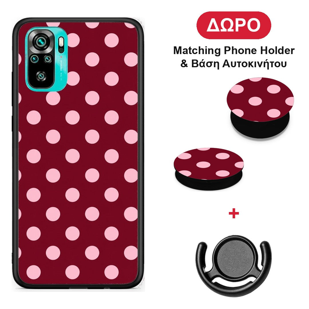 Pink Polka Dots on Burgundy - Xiaomi Redmi Note 10S / 10 4G θήκη + Δώρο Phone Holder & Βάση Αυτοκινήτου