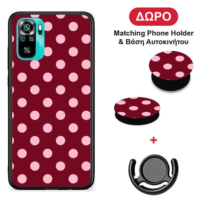 Pink Polka Dots on Burgundy - Xiaomi Redmi Note 10S / 10 4G θήκη + Δώρο Phone Holder & Βάση Αυτοκινήτου