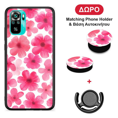 Pink Watercolour Flowers on White - Xiaomi Redmi Note 10S / 10 4G θήκη + Δώρο Phone Holder & Βάση Αυτοκινήτου