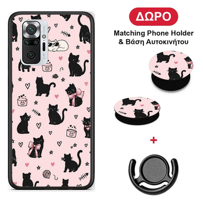 Black Cat Doodles on Pink - Xiaomi Redmi Note 10 Pro / 10 Pro Max θήκη + Δώρο Phone Holder & Βάση Αυτοκινήτου
