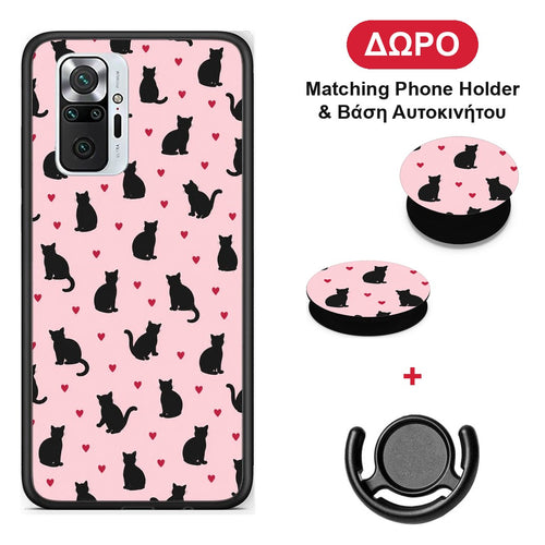 Black Cat Silhouettes and Hearts on Pink - Xiaomi Redmi Note 10 Pro / 10 Pro Max θήκη + Δώρο Phone Holder & Βάση Αυτοκινήτου