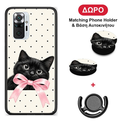 Black Kitten Pink Bow and Polka Dots - Xiaomi Redmi Note 10 Pro / 10 Pro Max θήκη + Δώρο Phone Holder & Βάση Αυτοκινήτου