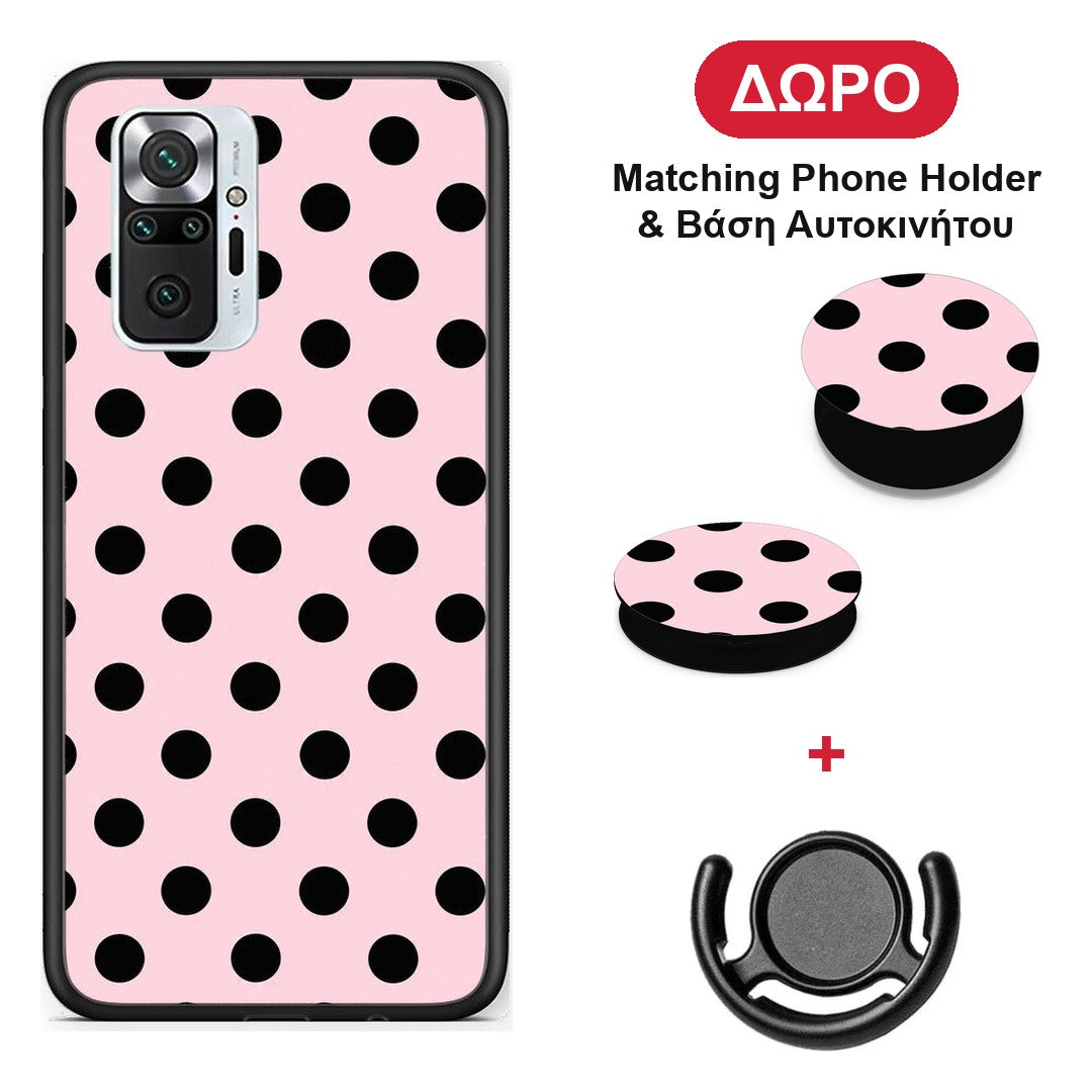 Black Polka Dots on Pink - Xiaomi Redmi Note 10 Pro / 10 Pro Max θήκη + Δώρο Phone Holder & Βάση Αυτοκινήτου