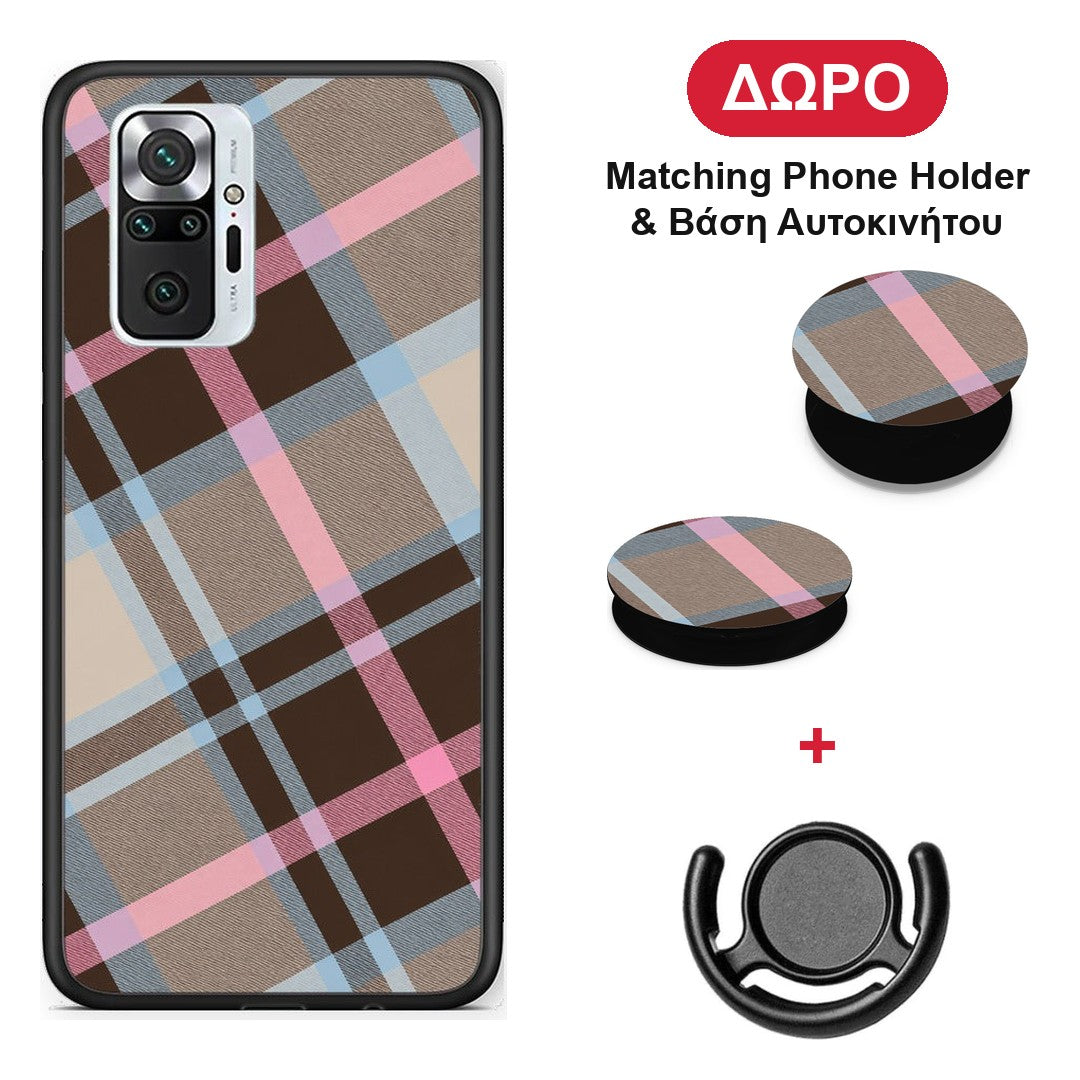 Brown Pink and Blue Diagonal Plaid - Xiaomi Redmi Note 10 Pro / 10 Pro Max θήκη + Δώρο Phone Holder & Βάση Αυτοκινήτου