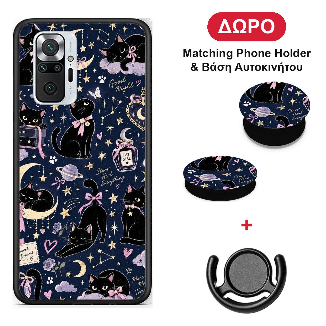 Celestial Black Cats on Navy - Xiaomi Redmi Note 10 Pro / 10 Pro Max θήκη + Δώρο Phone Holder & Βάση Αυτοκινήτου