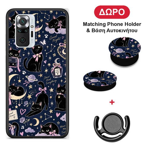 Celestial Black Cats on Navy - Xiaomi Redmi Note 10 Pro / 10 Pro Max θήκη + Δώρο Phone Holder & Βάση Αυτοκινήτου