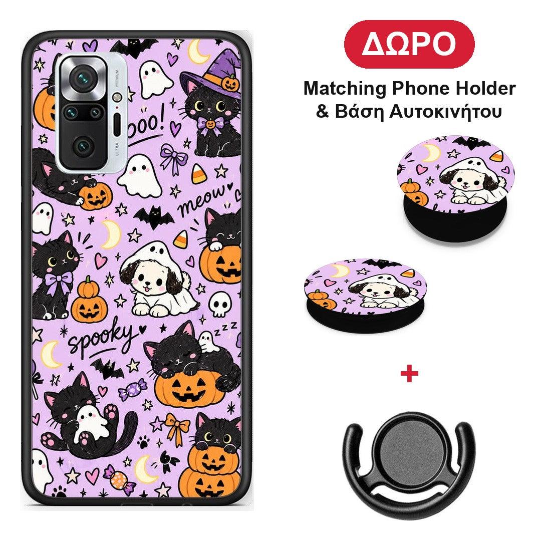 Halloween Black Cats on Lilac - Xiaomi Redmi Note 10 Pro / 10 Pro Max θήκη + Δώρο Phone Holder & Βάση Αυτοκινήτου