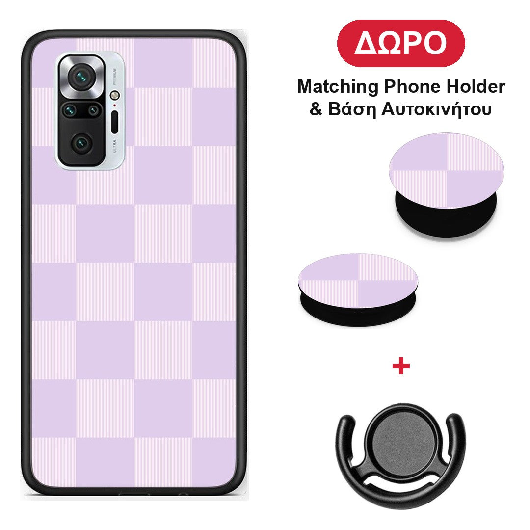 Lilac and Cream Striped Checks - Xiaomi Redmi Note 10 Pro / 10 Pro Max θήκη + Δώρο Phone Holder & Βάση Αυτοκινήτου