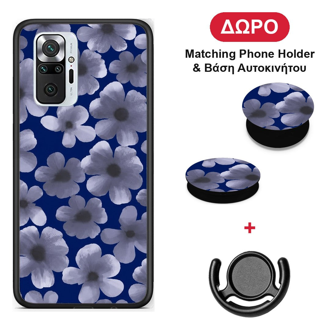 Pale Blue Flowers on Navy - Xiaomi Redmi Note 10 Pro / 10 Pro Max θήκη + Δώρο Phone Holder & Βάση Αυτοκινήτου