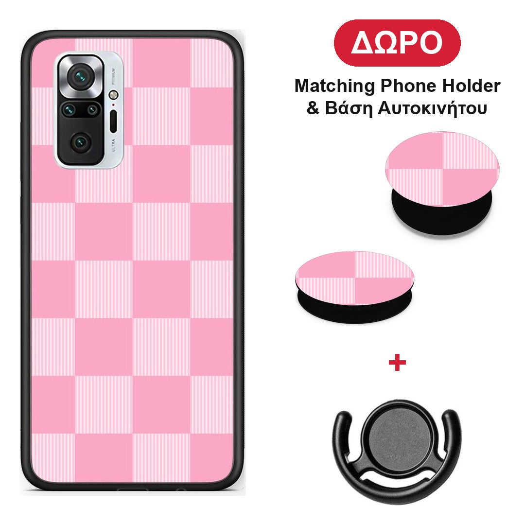 Pink and White Striped Checks - Xiaomi Redmi Note 10 Pro / 10 Pro Max θήκη + Δώρο Phone Holder & Βάση Αυτοκινήτου