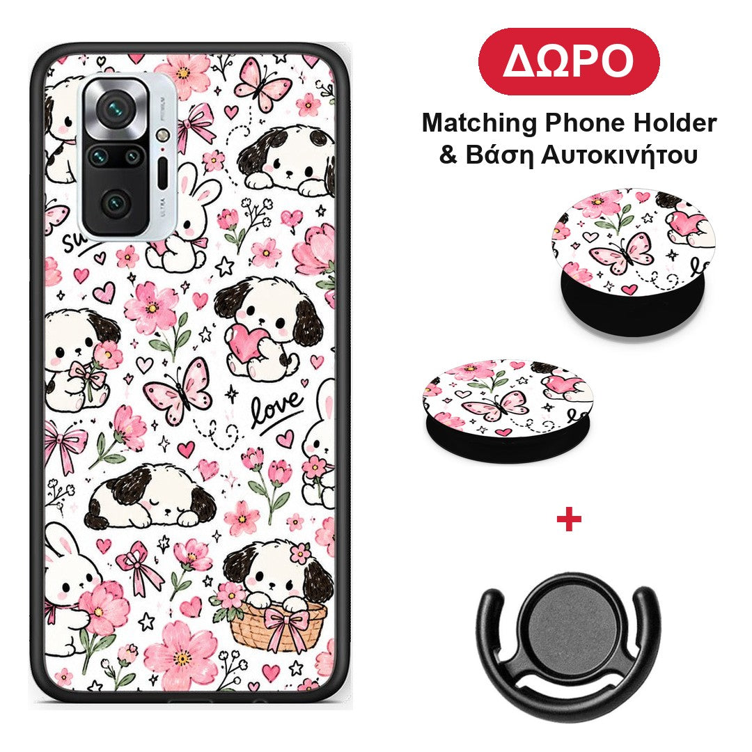 Pink Florals Puppies and Bunnies on White - Xiaomi Redmi Note 10 Pro / 10 Pro Max θήκη + Δώρο Phone Holder & Βάση Αυτοκινήτου