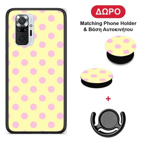 Pink Polka Dots on Yellow - Xiaomi Redmi Note 10 Pro / 10 Pro Max θήκη + Δώρο Phone Holder & Βάση Αυτοκινήτου