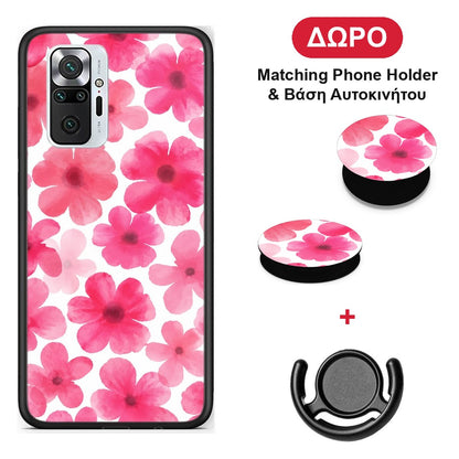 Pink Watercolour Flowers on White - Xiaomi Redmi Note 10 Pro / 10 Pro Max θήκη + Δώρο Phone Holder & Βάση Αυτοκινήτου